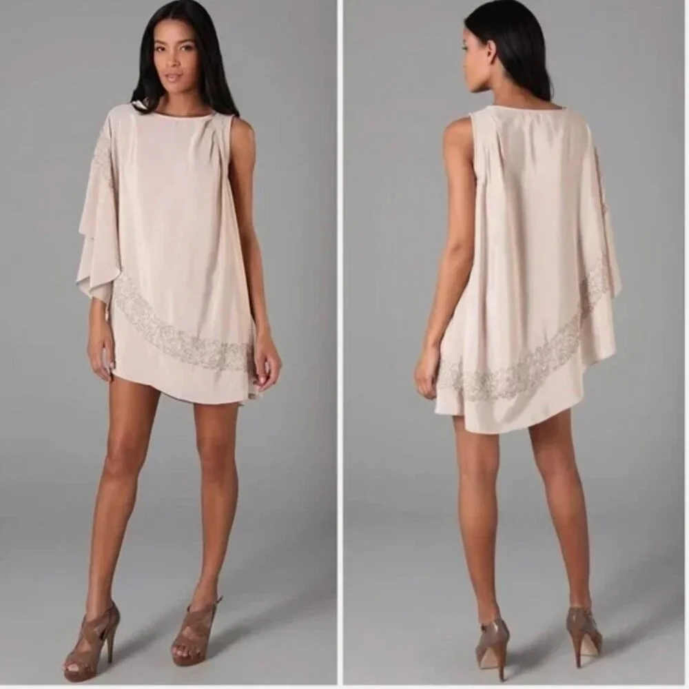 Free People Brighten Your Day Dress Mini One Sleeve Beaded Cream Size XS